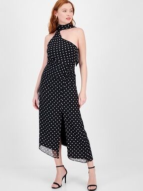 Rachel Roy Black/White Polka Dot Asymmetric Halter Dress, Size 12, NWT